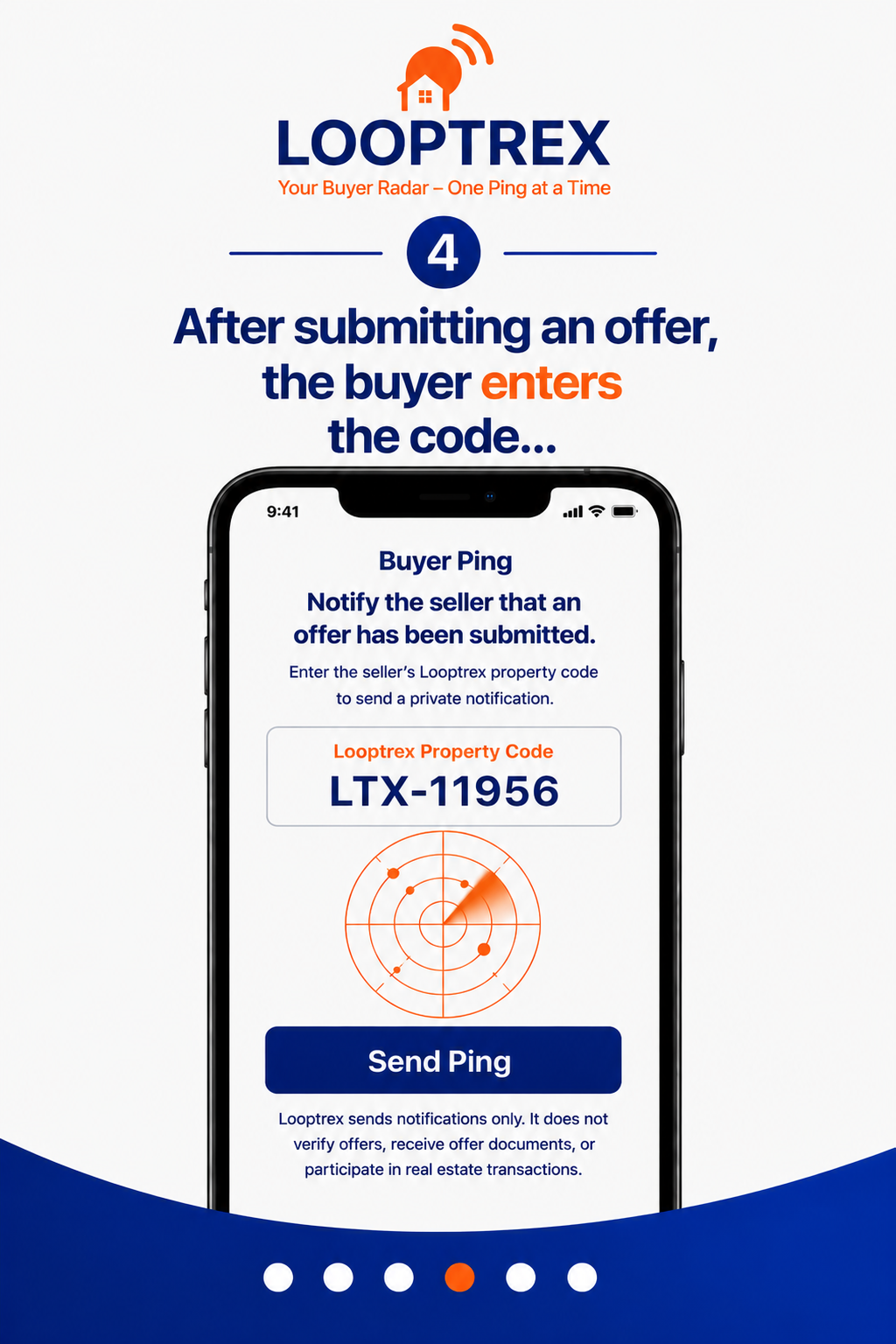 Looptrex walkthrough slide 4: After submitting an offer, the buyer enters the code.